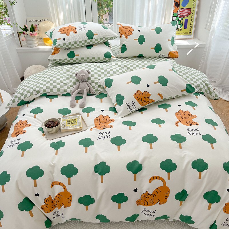 Kawaii Kids Bedding Set Soft Cotton Flat Fitted Sheet Duvet Cover Pillowcases Single Queen Cartoon Boy Girls Dormitory Bed Linen