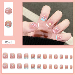 24pcs Gradient False Nails Cute Star Printed Design Fake Nail Short Square Faux Ongles Manicure Nail Stickers Press On Nail Tips