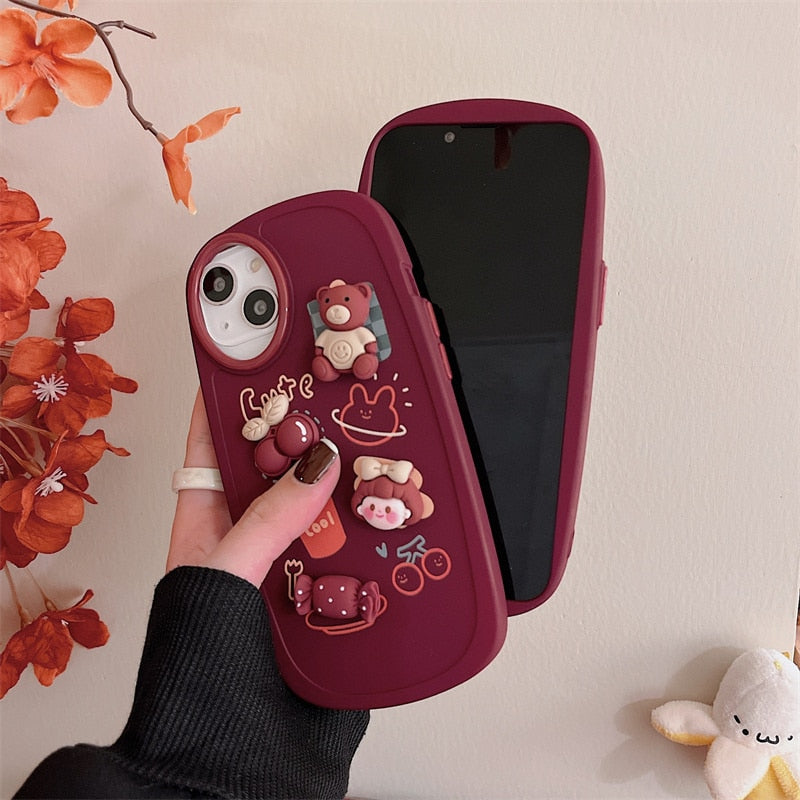 Qfdian iphone 13 pro max case For iphone 11 12 13 Pro Max XR Xs Max Phone Case Three-dimensional Cute Fashion Cartoon Girl Bear Candy Cherry Oval Frame Cover