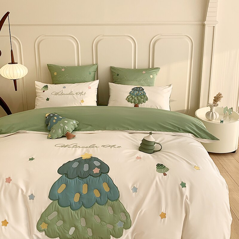 Lovely Cartoon Tree 100S Cotton Bedding Set Patch Embroidery Pillowcases Duvet Cover Set for Children (Queen King Size,4Pcs)