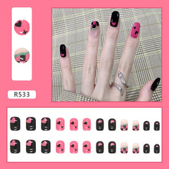 24pcs Gradient False Nails Cute Star Printed Design Fake Nail Short Square Faux Ongles Manicure Nail Stickers Press On Nail Tips