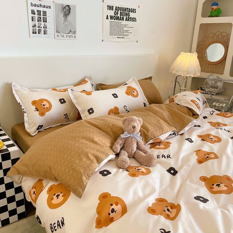 Cute Bear Bedding Set Single Twin Queen Size Ins Style Duvet Cover Flat Sheet Pillowcases Boys Girls Gift Home Textile