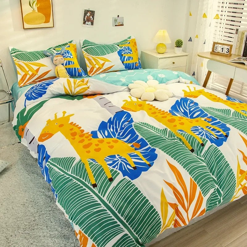 Cute Cartoon Bedding Set Kids Single Queen Size Duvet Cover Flat Sheet Pillowcase Bed Linen Boys Girls Fashion Home Textile