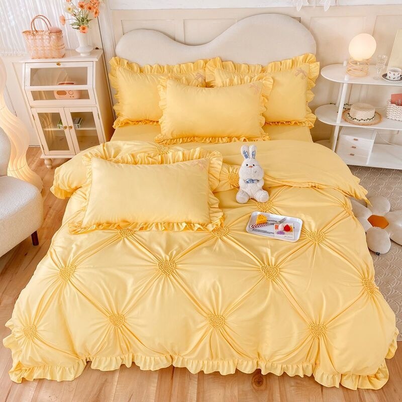 Korean Princess Duvet Cover Set Simple Solid Color Bedding Set Lace Ruffles Bed Skirt Sheets Gilr Quilt Cover Full Queen Size