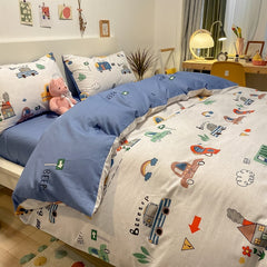 Kawaii Kids Bedding Set Soft Cotton Flat Fitted Sheet Duvet Cover Pillowcases Single Queen Cartoon Boy Girls Dormitory Bed Linen