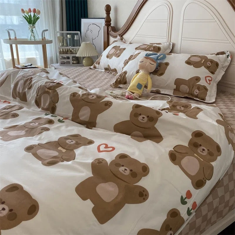 Boys Girls Bedding Set Fashion Adult Children Bed Linen Duvet Quilt Cover Pillowcase Cute Cartoon Bear Polyester Flat Sheets