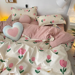 Ins Pink Tulip Bedding Set Floral Duvet Cover Flat Sheet with Pillowcases No Filling Single Queen Size Boys Girls Bed Linen