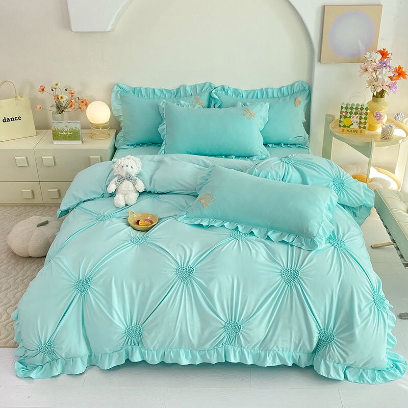 Korean Princess Duvet Cover Set Simple Solid Color Bedding Set Lace Ruffles Bed Skirt Sheets Gilr Quilt Cover Full Queen Size