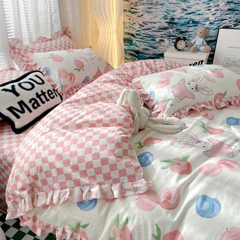 Lovely 100% Pure Cotton Bedding Set Full Size Cute Ruffles Single Doubel Duvet Cover Set Princess Girls Woman Cozy Bedding Sets