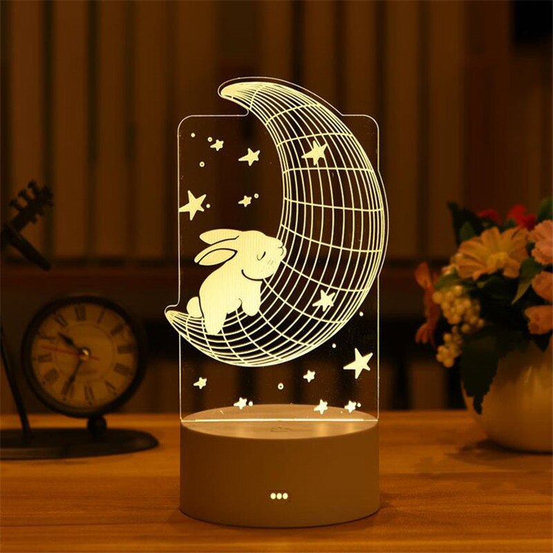 Qfdian Party decoration Valentine's Day Gift Rose 3D Lamp Acrylic LED Night Light Love/Bear/rabbit-shape Valentine Gift Girl Boy Present Easter Decor