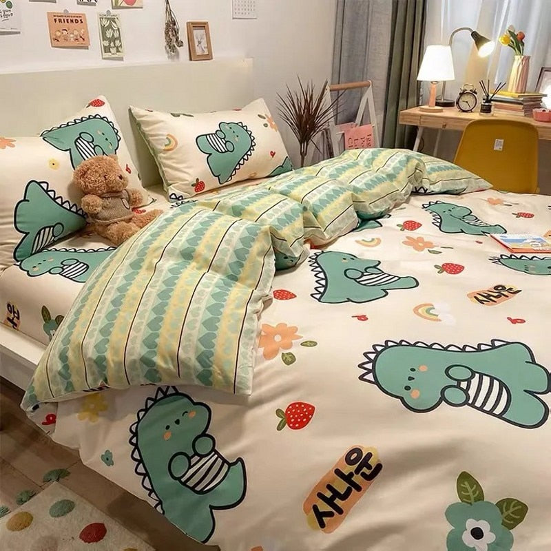 Cute Kids Bedding Set Dinosaur Cartoon Duvet Cover No Filling Flat Sheet Pillowcase Boys Girls Full Queen Size Spring Bed Linen