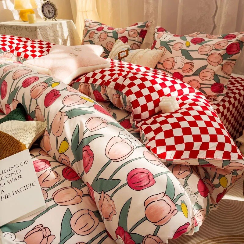 Floral Bedding Set Kawaii Rabbit Duvet Cover Flat Sheet Pillowcase Soft Bed Linens Single Full Dormitory Bedroom Home Textile