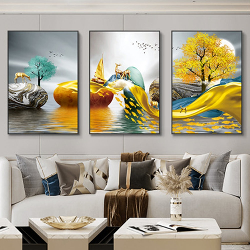 Qfdian 3 Pieces Nordic Luxury Ribbon Abstract Landscape Wall Art Canvas Paintings Modern Gold Deer Poster Print Picture for Home Decor