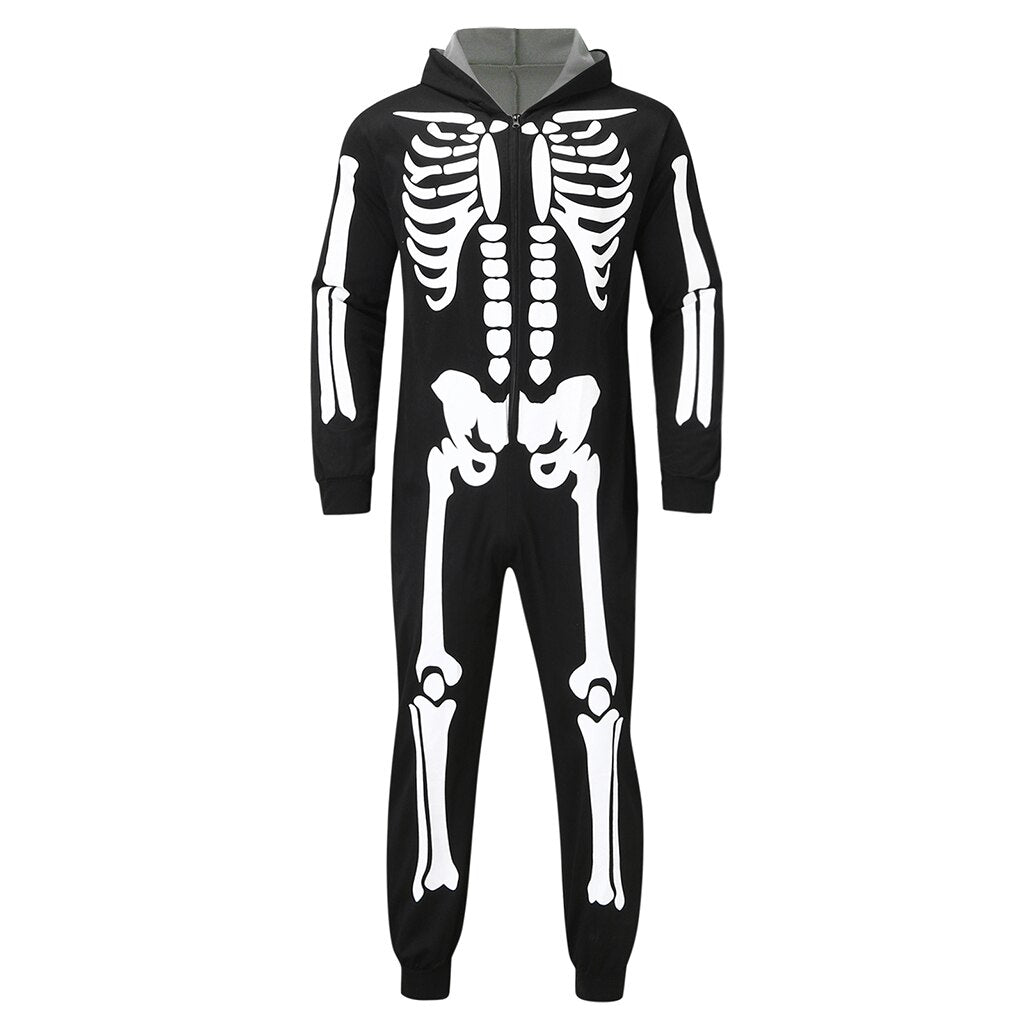 Qfdian halloween decorations halloween costumes halloween giftHalloween Family Matching Outfits Fashion Skeleton Print Hooded Jumpsuit Pajama Family Look Father Mother Kids Halloween Costume