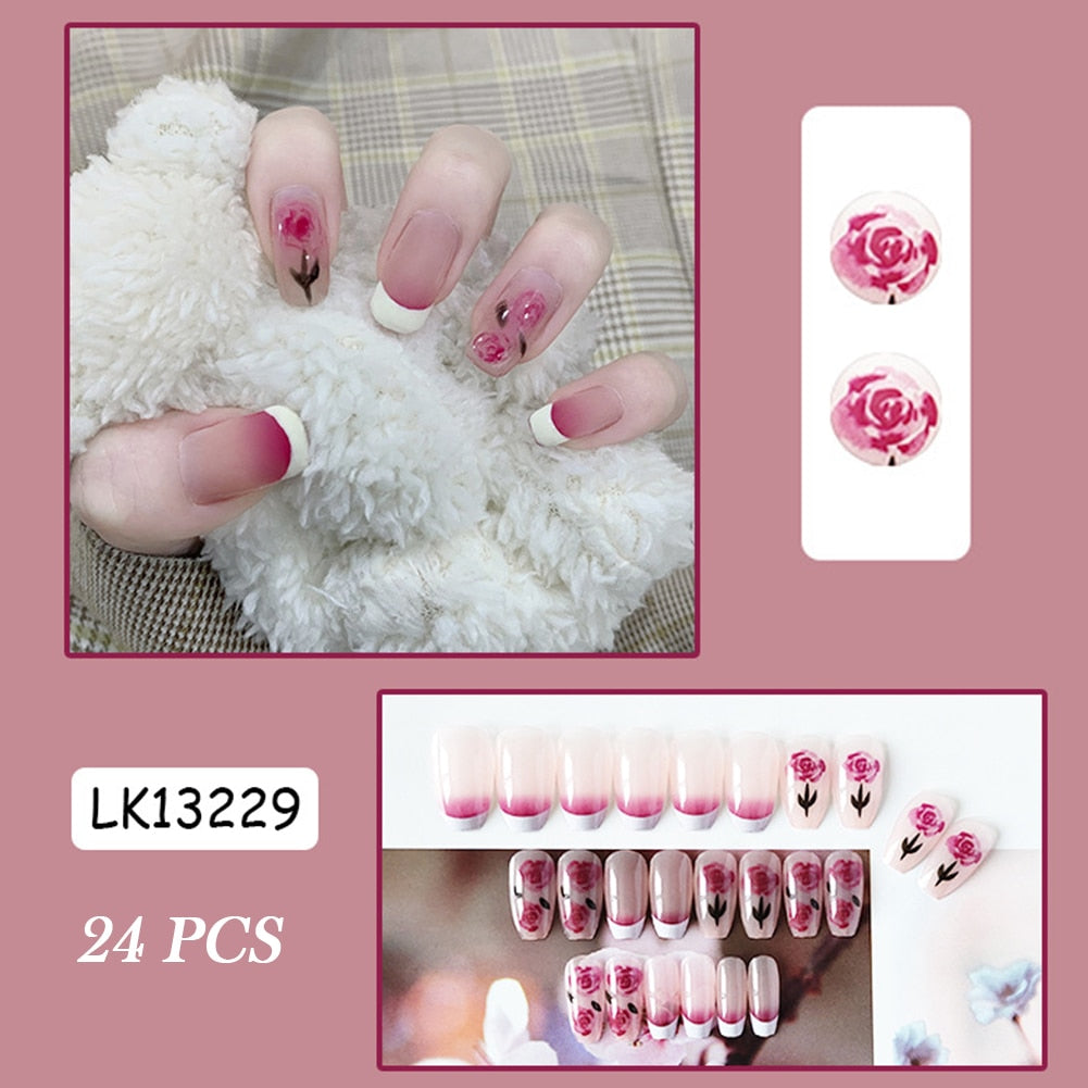 24Pcs Coffin Pink False Nails 3D Heart Diamond y2k Mid-length Fake Nails Full Finished Tulip Pattern Fake Nail Patches For Girls