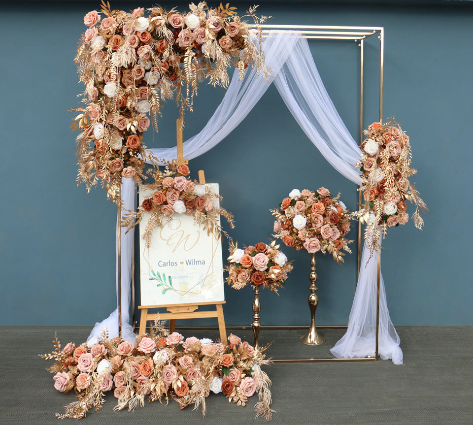 Qfdian Luxury Gold Flower Arrangement Wedding Centerpiece Table Floral Ball Party Arch Backdrop Decor Moon Shape Hang Corner Flower Row