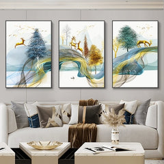 Qfdian 3 Pieces Nordic Luxury Ribbon Abstract Landscape Wall Art Canvas Paintings Modern Gold Deer Poster Print Picture for Home Decor