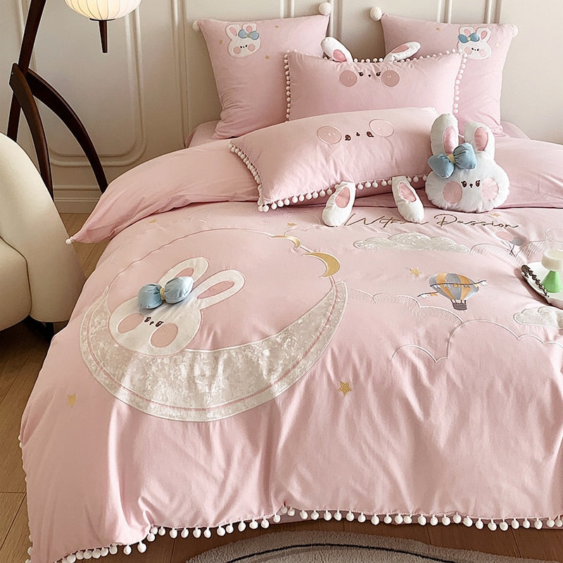 Cute Rabbit Cartoon Cotton Bedding Set Softer Duvet Cover Pillowcases Bed Sheet Set for Children (Double/Queen/King Size,3/4Pcs)