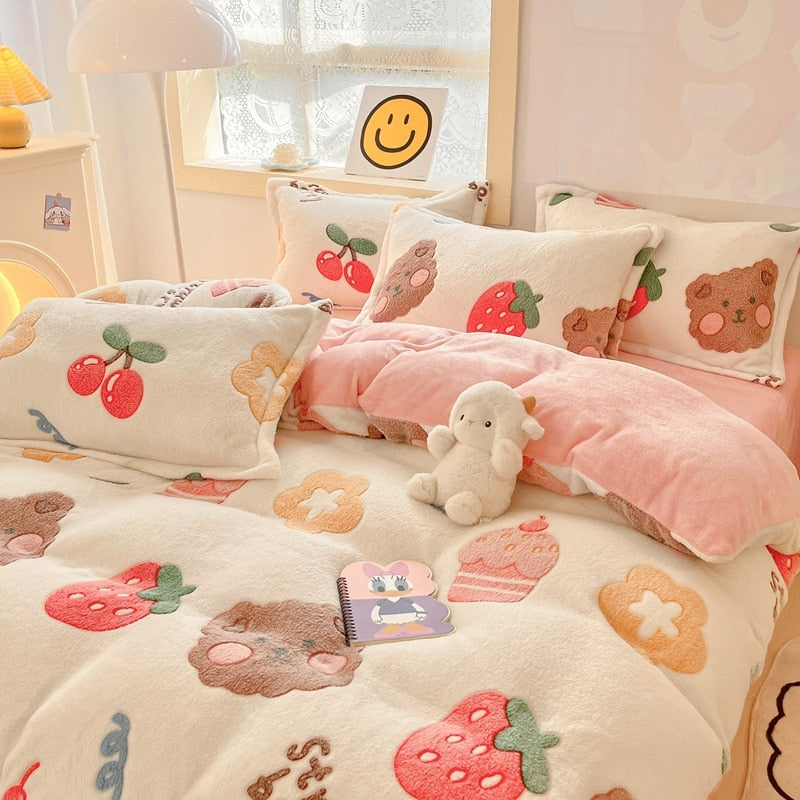 Winter Thick Warm Plush Comforter Cover Queen Bedding Sets Cartoon Quilt Cover Bed Sheet Pillowcase 4pcs Luxury Bed Linens