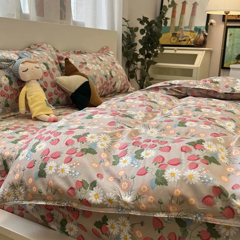 Ins Pastoral Style Green Floral Duvet Cover With Pillow Case Princess Bed Sheet Kids Girls Bedding Set King Queen Cute Kawaii