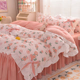 Ins Fashion Solid Bedding Set with Fitted Bed Sheet Cute Princess AB Double Sided Ruffle Quilt Cover Pillowcase Full Queen King
