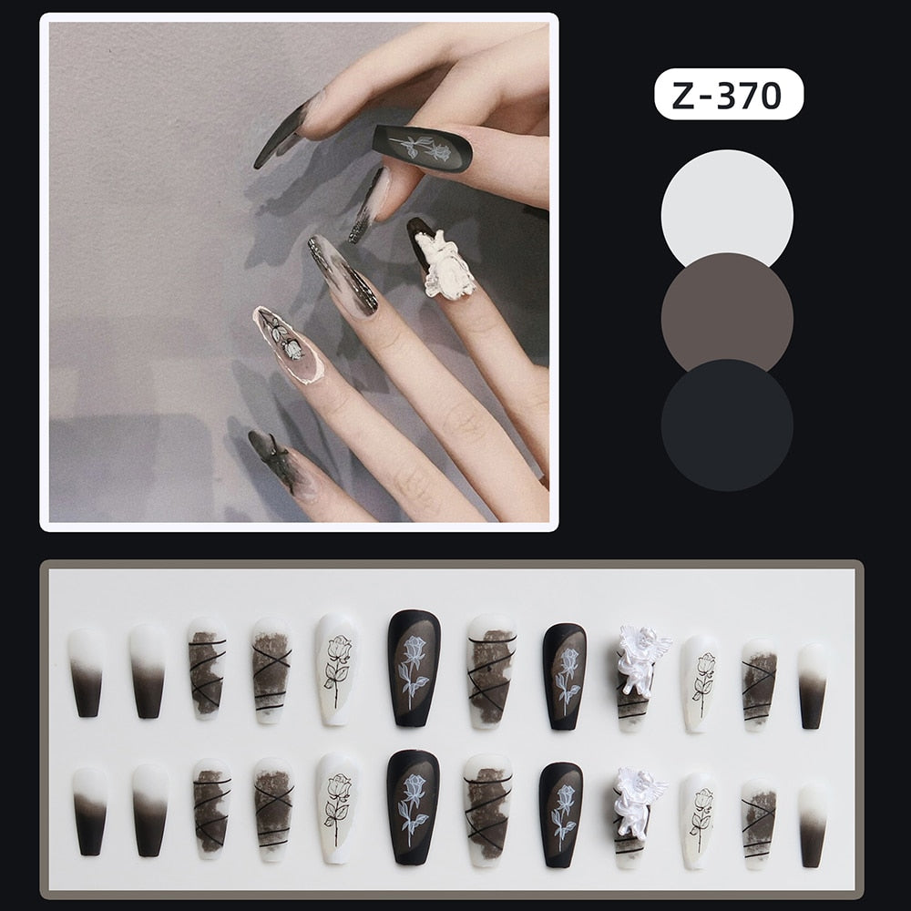 24Pcs Coffin Pink False Nails 3D Heart Diamond y2k Mid-length Fake Nails Full Finished Tulip Pattern Fake Nail Patches For Girls