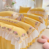INS Korean Embroidery Ruffles Lace Bed Skirt Bedding Set Princess Girls Duvet Cover Pillowcase Solid Color Quilt Over Decor Home