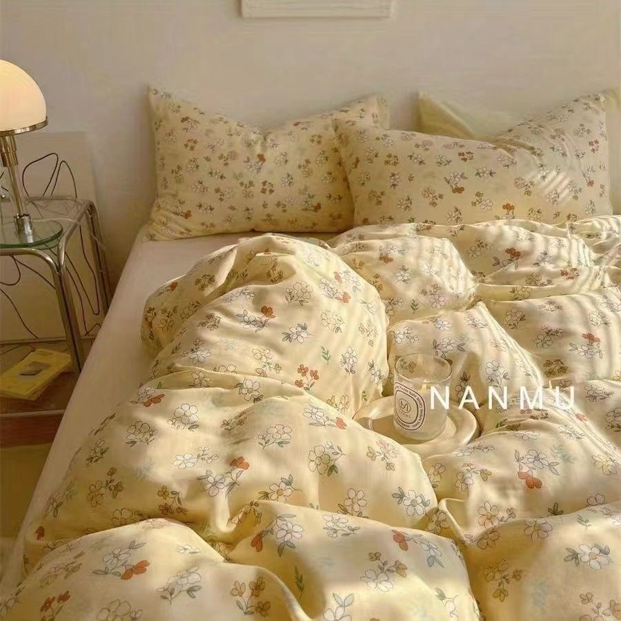 Ins Pastoral style Yellow Small Flowers Bedding Set Twin Queen Size Duvet Cover Flat Sheet Pillowcase Princess Girl Bed Linen