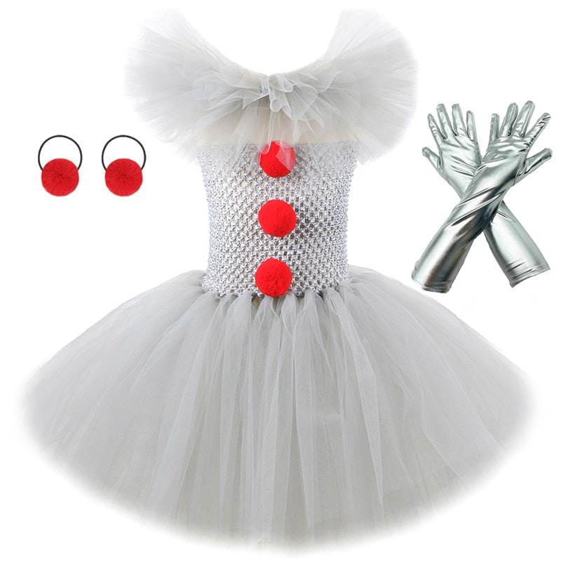 Qfdian halloween decorations halloween costumes halloween gift Gray Clown Tutu Dress for Girls Carnival Halloween Costume for Kids Girl Joker Cosplay Tulle Outfit Children Party Scary Clothes