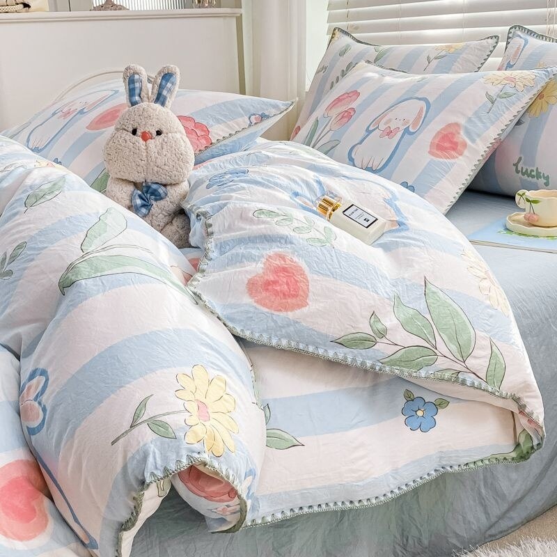 Cute Orange Bedding Sets ins Flower Duvet Cover Bed Sheet Soft Washed Cotton For Girl Single Size Bedspread