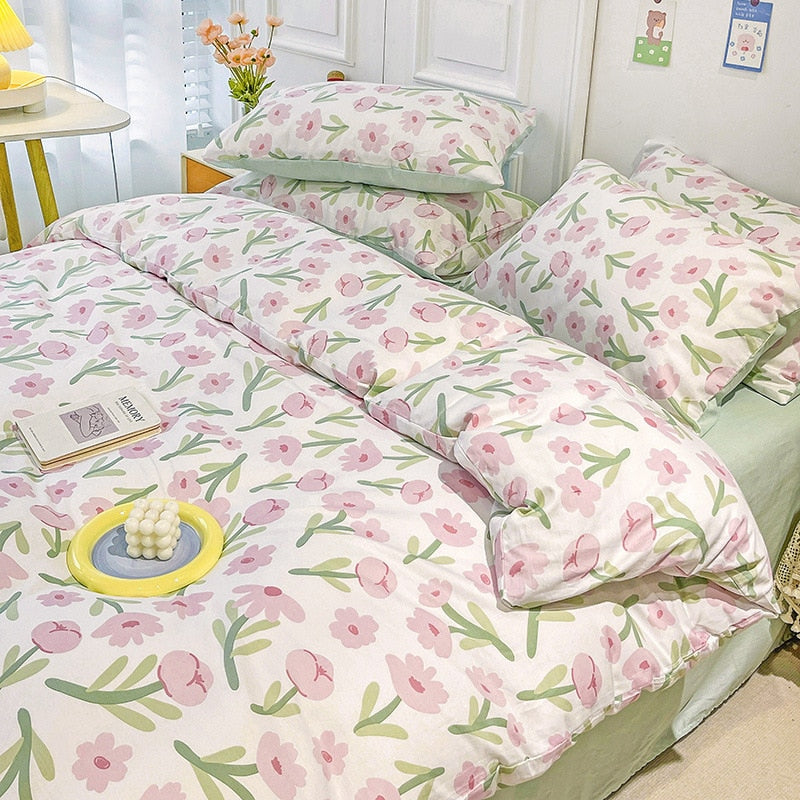 Ins Style Bedding Set Cotton Soft Flat Fitted Sheet Duvet Cover Pillowcase Floral Rabbit Boy Girls Home Textile Bedclothes