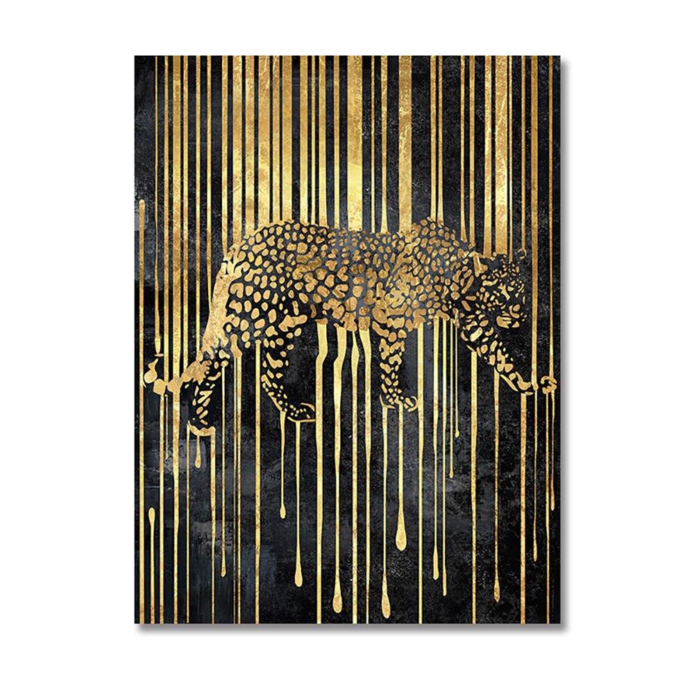 Black Golden Wall Art Canvas Painting Abstract  Lines Artwork Tiger Lions Elephant Animal Poster Prints Pictures For Home Decor