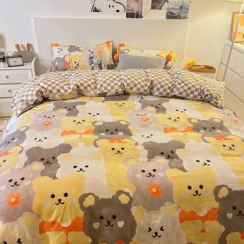 Boys Girls Bedding Set Fashion Adult Children Bed Linen Duvet Quilt Cover Pillowcase Cute Cartoon Bear Polyester Flat Sheets