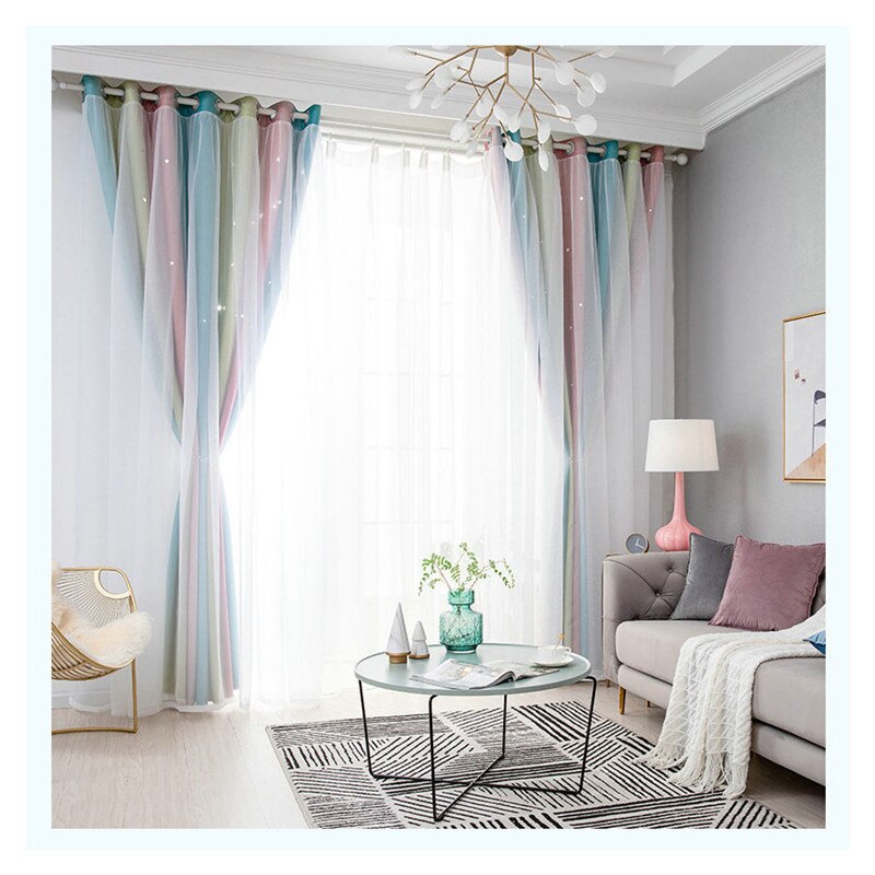 Qfdian Stars Tulle Curtains For Living Room Double Layer Blackout Curtain For Bedroom Kitchen Window Curtains Gradient Blinds Cloth