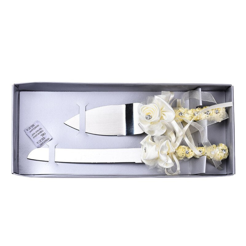 Ribbon Flower Decorated Stainless Steel Shovel Cake Pizza Knife Serving Set for Wedding Birthday Party Wedding Cake Cutter