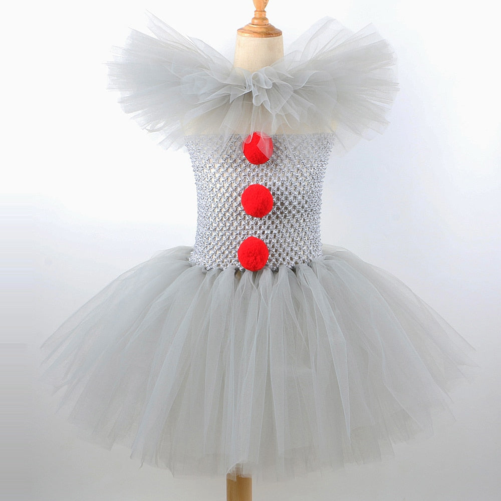 Qfdian halloween decorations halloween costumes halloween gift Gray Clown Tutu Dress for Girls Carnival Halloween Costume for Kids Girl Joker Cosplay Tulle Outfit Children Party Scary Clothes