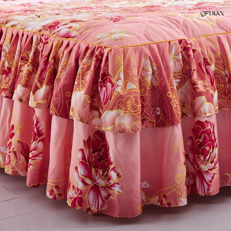 Qfdian  Christmas Princess Bedding Bed Skirt bedspread Pillowcases Winter Thick Warm Lace Bed Sheets Mattress Cover King Queen Size Bed Cover