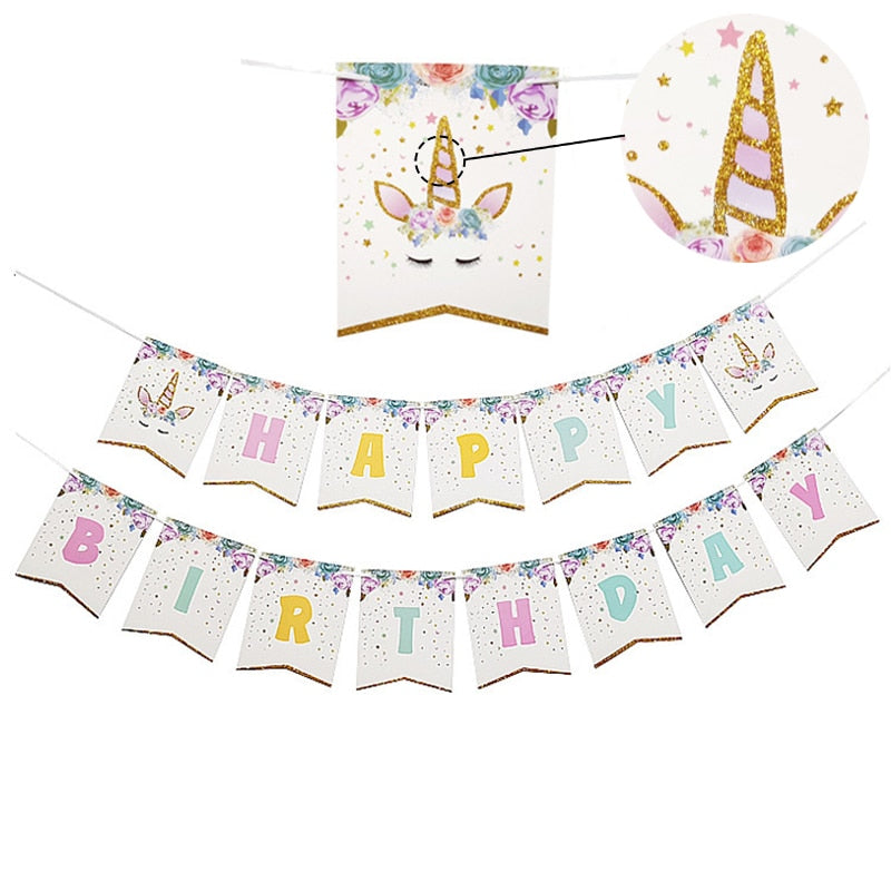 Qfdian Party decoration hot sale new Kids Birthday Party Decoration Kits Happy Birthday Banner Shark Flag Bunting Ballet Girl Unicorn Kindergarten Baby Shower Decor