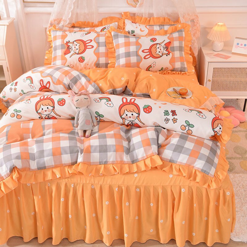 Girls Flowers Bedding Set Korean Princess Lace Ruffle Bed Skirt Quilt Cover Floral Duvet Cover Decor Home Simple Bedclothes