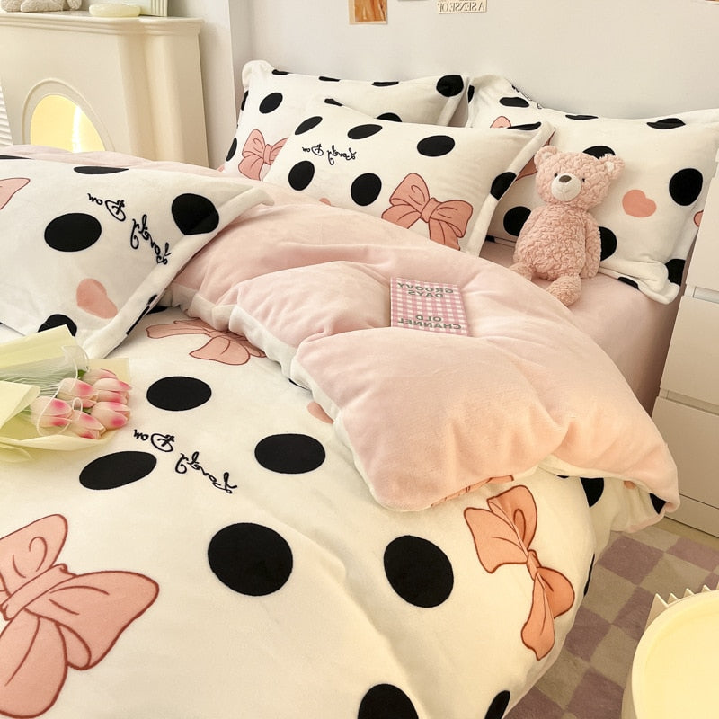 Winter Thick Warm Plush Comforter Cover Queen Bedding Sets Cartoon Quilt Cover Bed Sheet Pillowcase 4pcs Luxury Bed Linens