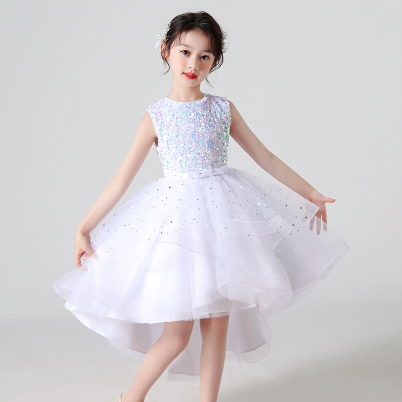 Qfdian halloween costumes christmas costumes Children Clothes New kids Dresses For Girls Lace Sleeveless Party Dress Bow-Knot Princess Wedding Long Dress Vestido Infantil