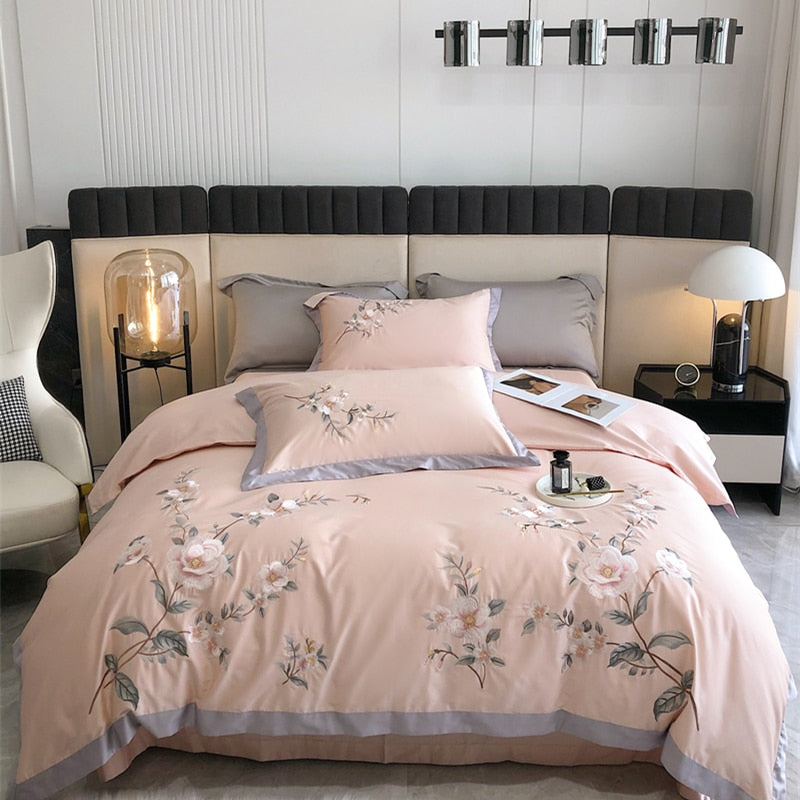 Luxury Embroidered Flowers Bedding Set 100S AUS Cotton Soft Queen King Size Bed Sheet Pillowcase Duvet Cover Set 4Pcs for Home