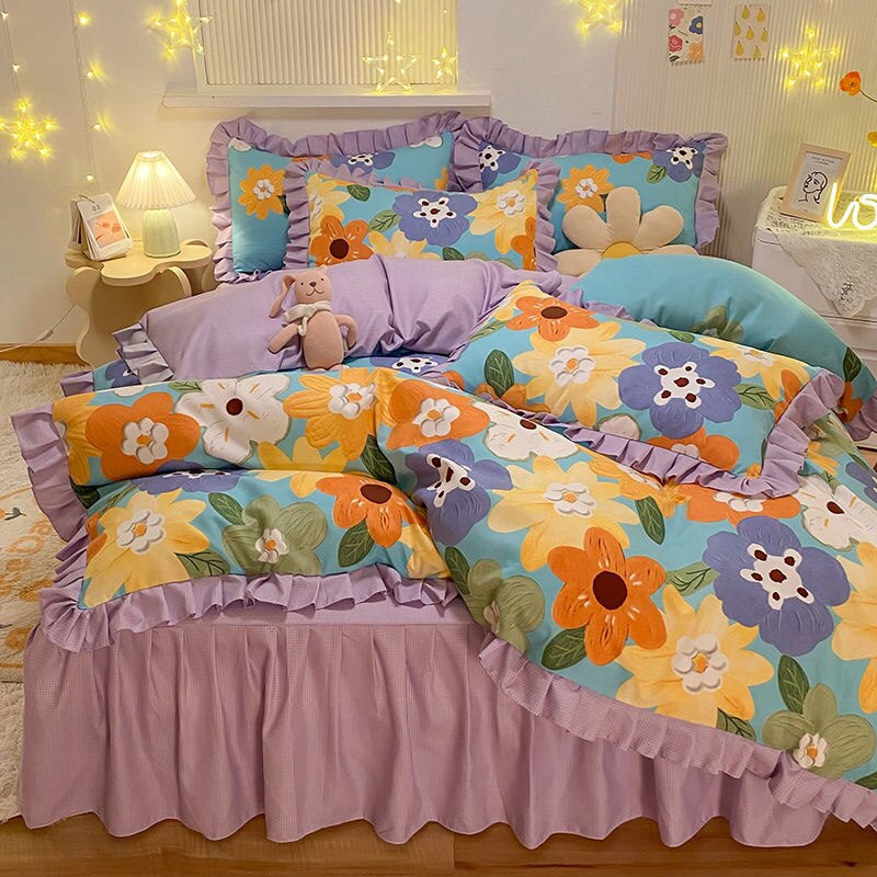 Girls Flowers Bedding Set Korean Princess Lace Ruffle Bed Skirt Quilt Cover Floral Duvet Cover Decor Home Simple Bedclothes