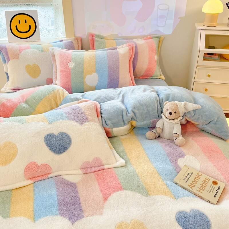 Winter Thick Warm Plush Comforter Cover Queen Bedding Sets Cartoon Quilt Cover Bed Sheet Pillowcase 4pcs Luxury Bed Linens