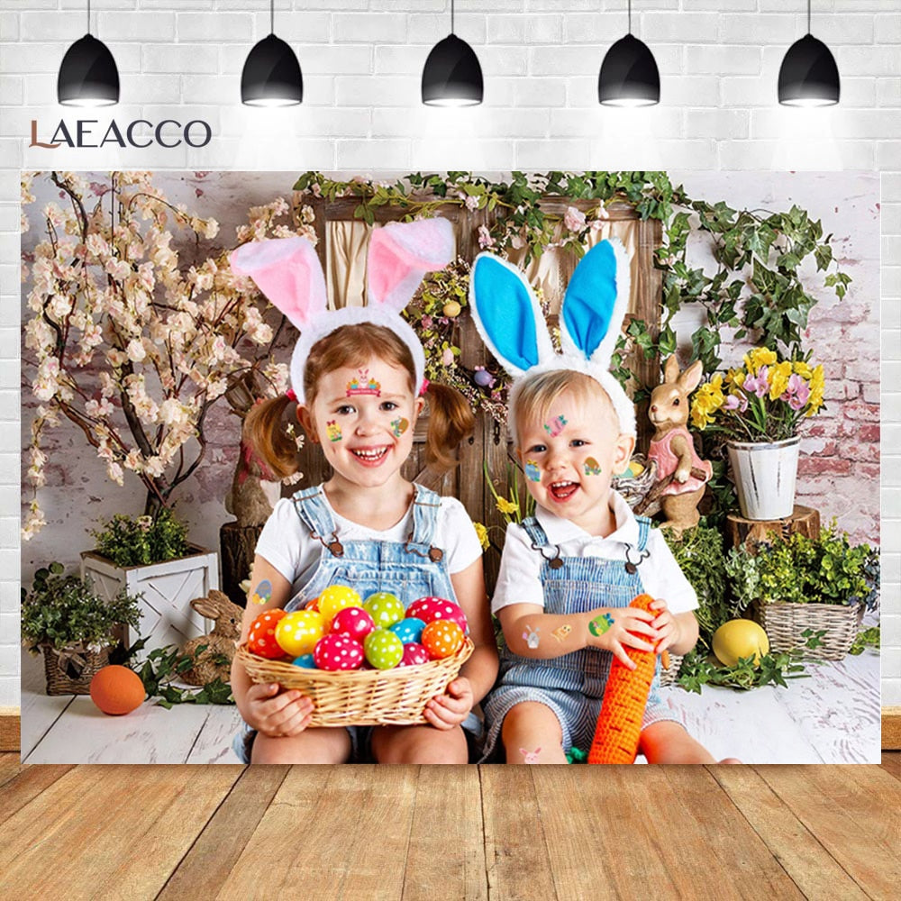 Qfdian Party decoration hot sale new Spring Easter Backdrop Brick Wall Egg Rabbit Newborn Baby Birthday Party Decor Wood Floor Photography Background Photo Studio