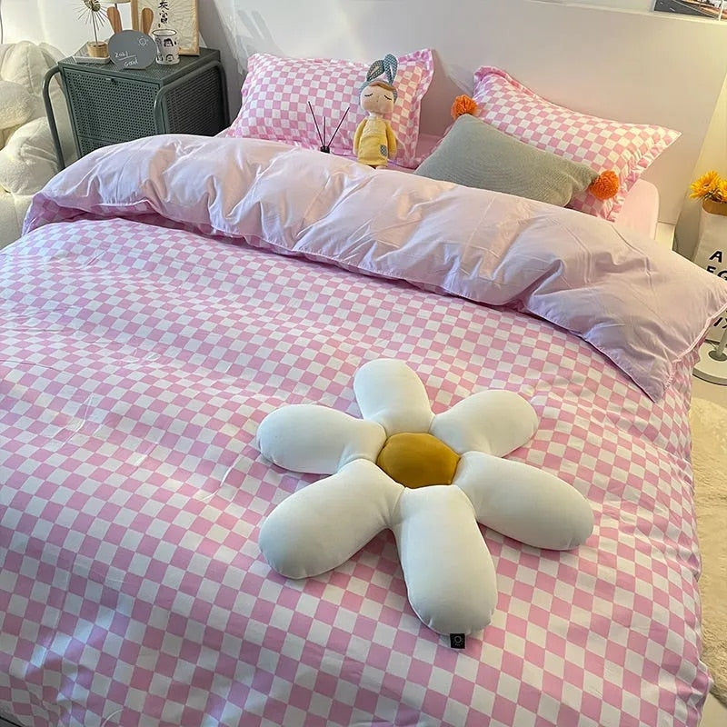 Nordic Pink Black Checkerboard Duvet Cover Sets With Pillow Case Bed Sheet Kids Girls Bedding Sets King Queen Twin Kawaii