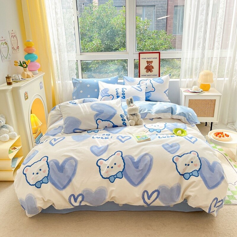 Kawaii Kids Bedding Set Soft Cotton Flat Fitted Sheet Duvet Cover Pillowcases Single Queen Cartoon Boy Girls Dormitory Bed Linen