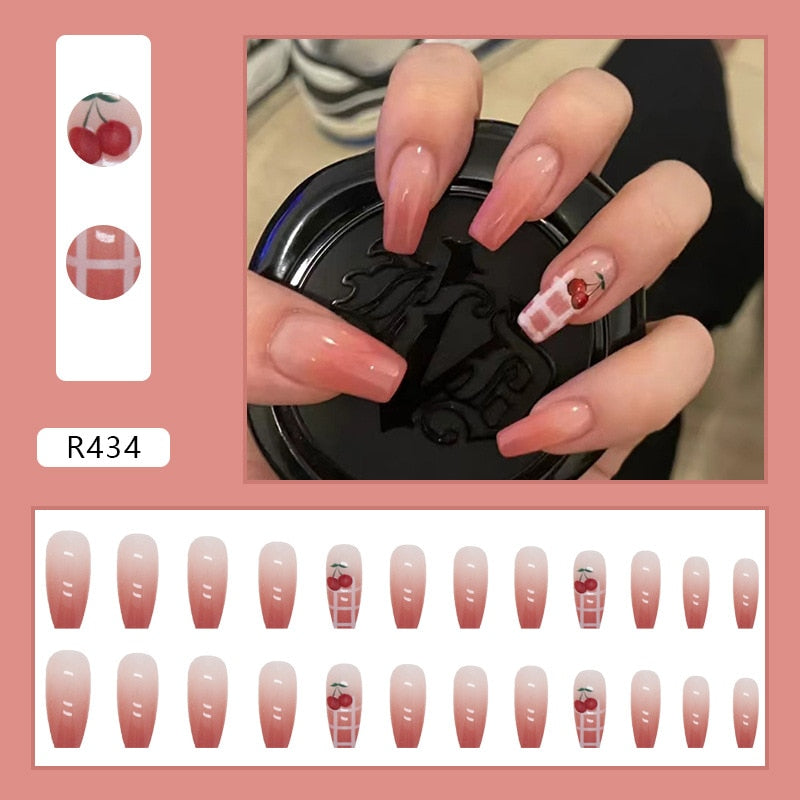 24PCS/Box 2023 New Artificial Nails With Glue Milky White Pink Gradients Long Ballet Full Cover Acrylic Nail Stick Fake Nail Tips