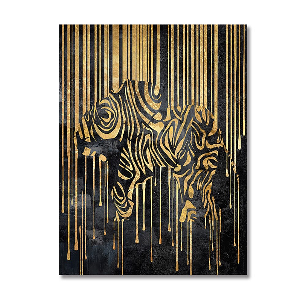 Black Golden Wall Art Canvas Painting Abstract  Lines Artwork Tiger Lions Elephant Animal Poster Prints Pictures For Home Decor