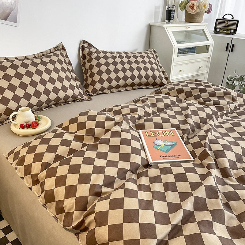 Vintage Checkerboard Bedding Coffee Blue Soft Single Full Queen Size Boys Girls Duvet Cover No Filler Flat Sheet Pillowcases Kit